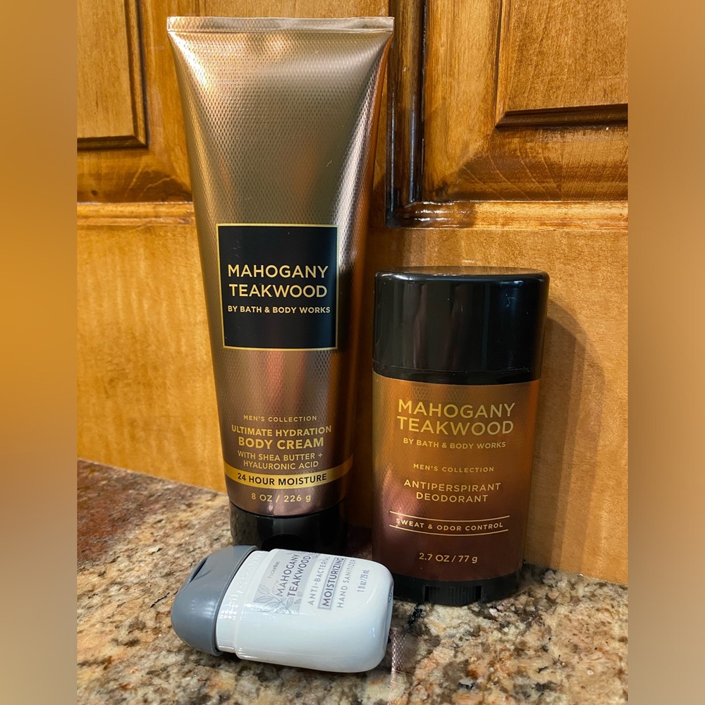 BBW “MAHOGANY TEAKWOOD” 3-pc Set: Body Cream, Antiperspirant Deodorant, Gel, NWT